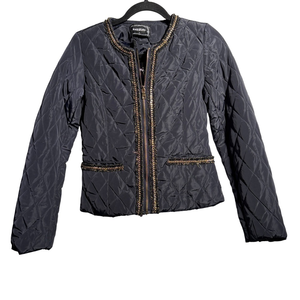 NWT Kessley Quilted Gold‎ Chain Trim Bomber Jacket Navy Blue Womens S Preppy